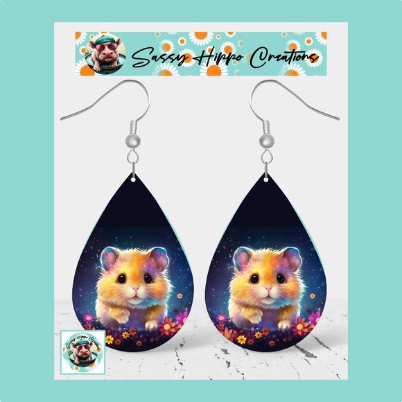Earrings Neon Hamster Colorful Flowers Printed on MDF with Hook Backs Sublimated - Picture 1 of 4